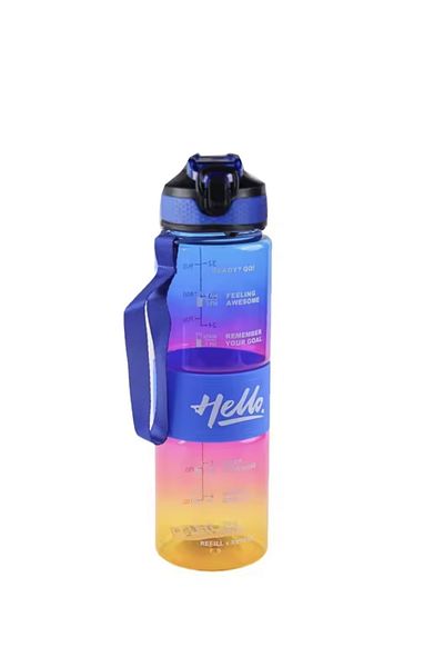 PUFO Motivational water bottle for sports, fitness, training, with straw included, 1L, blue/yellow