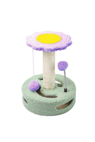 PUFO Set de joacă pentru pisici cu flori, cu stâlp de zgâriat și minge, 33 cm, verde/violet