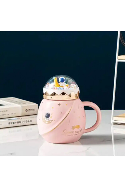 PUFO Travel the Space ceramic teapot mug with lid for coffee or tea, 500 ml, pink