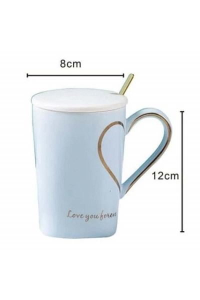 PUFO Cană ceramică Love you Sweetheart cu capac și linguriță pentru cafea sau ceai, 350 ml, albastră
