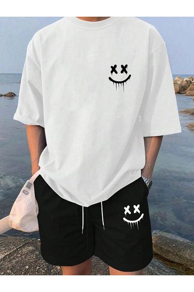 khufu Oversize Crew Neck Bottom Top T-Shirt with Shorts Smiling Face Printed Double Suit Unisex