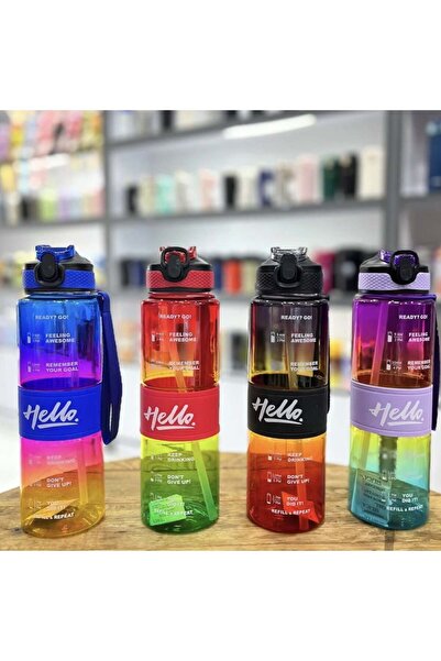 PUFO Motivational water bottle for sports, fitness, training, with straw included, 1L, purple/blue