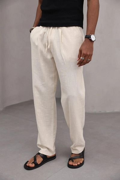 Trendiz Men's Premium Relaxed Fit 100% Cotton Lace-Up Men's Trousers Beige