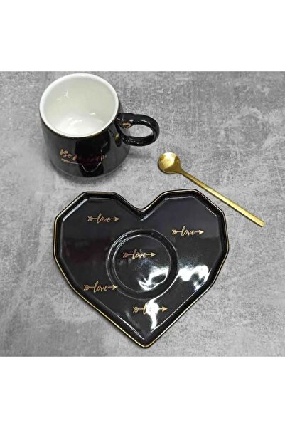 PUFO Ceramic mug with heart-shaped saucer and Pufo Be Mine teaspoon for coffee or tea, 180 ml, black