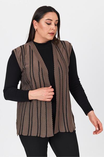 Uludağ Triko Women's Brown Glitter Striped V-Neck Seasonal Mother Summer Vest