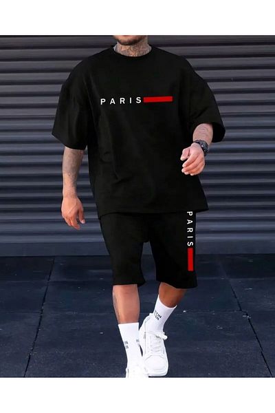 khufu Oversize Crew Neck Bottom Top T-Shirt Shorts Paris Printed Double Set