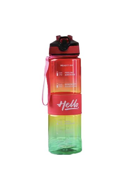 PUFO Motivational water bottle for sports, fitness, training, with straw included, 1L, red/green