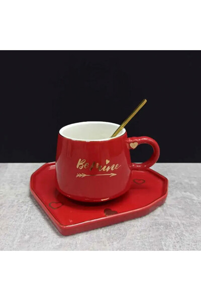 PUFO Ceramic mug with heart-shaped saucer and Be Mine teaspoon for coffee or tea, 180 ml, red