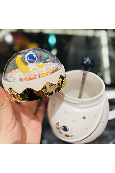 PUFO Travel the Space ceramic teapot mug with lid for coffee or tea, 500 ml, white