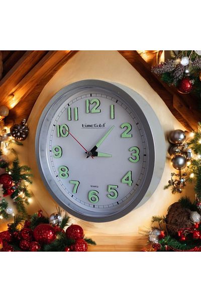 Time Gold Phosphorescent 3D Embossed Number Mini Small Clock Wall Clock Diameter 22 cm Silver