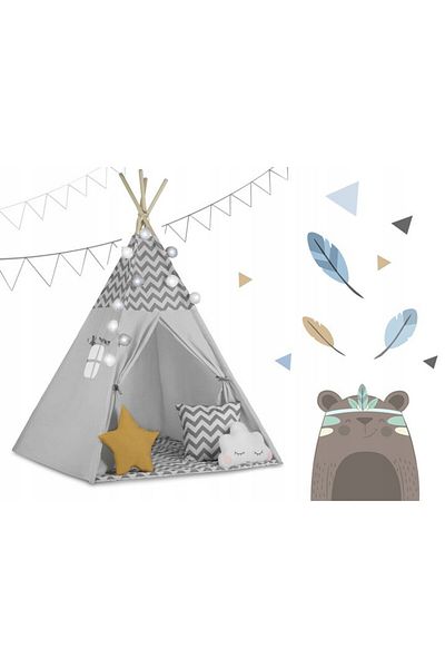 NUKIDO Play Tent, , With Window, 3 Cushions, Lights And Garland, 120x120x165 Cm, Grey Stripes