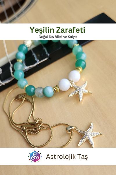 Astrolojik Doğal Taş Elegance of Green Natural Stone Bracelet & Charm Chain Necklace Set - Green Agate & Moonstone