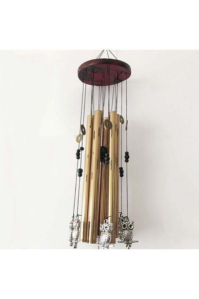 PUFO Clopoțel de vânt cu 6 tuburi sonore metalice aurii pentru casă sau grădină, model Feng-Shui cu bufnițe și monede