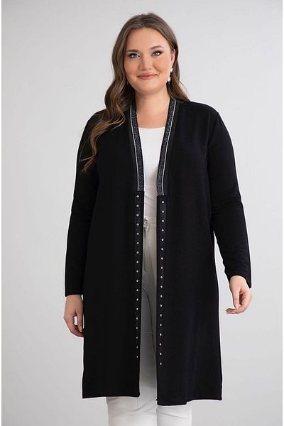 FOR ESRA BIG TREND Women's Large Size Black Collar Shiny and Eyelet Detail Front Open Long Viscose Cardigan