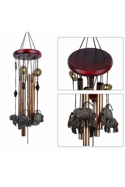 PUFO Clopoțel de vânt cu 6 tuburi sonore metalice aurii pentru casă sau grădină, model Feng-Shui cu 6 elefanți