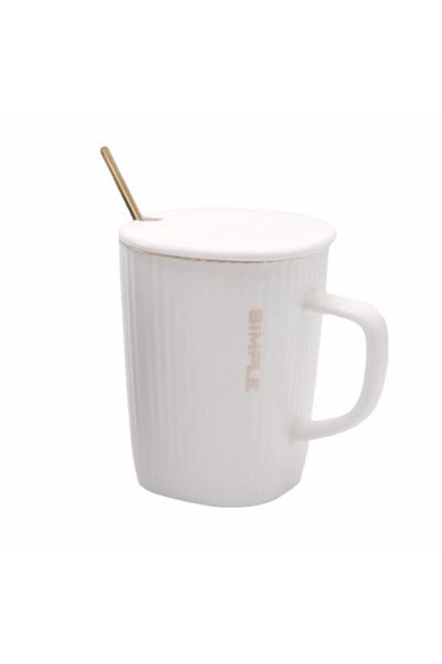 PUFO Cană ceramică simplă cu capac și linguriță pentru cafea sau ceai, 320 ml, albă