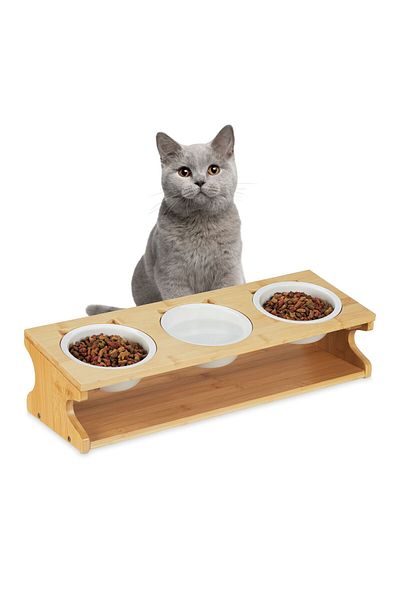 Relaxdays Set de 3 boluri pentru câini/pisici, bambus/ceramică, 13,5 x 51 x 17,5 cm
