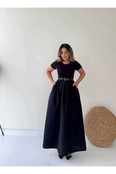 SEDA FİDAN Κοντομάνικο Midi Princess Φόρεμα με τσέπες μαύρο