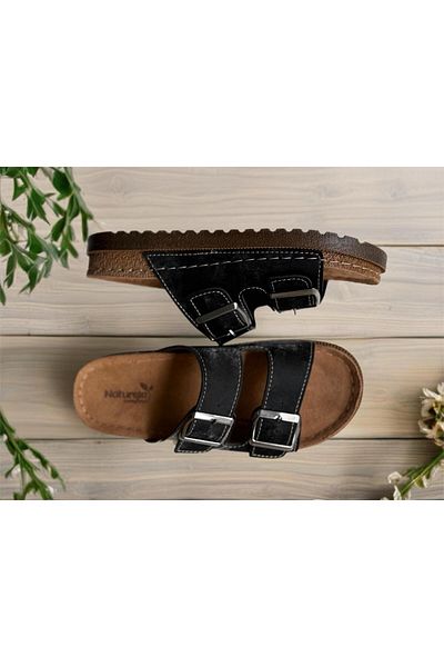 GEZER Black Women's Genuine Leather Orthopedic Buckle Slippers
