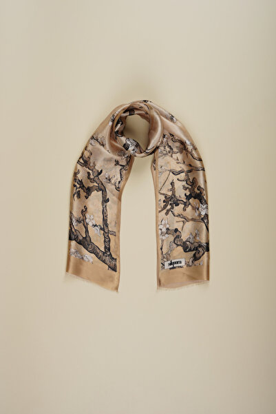 silqoora وشاح شال حرير 100% (27x135 سم)-فنسنت فان جوخ (بيج شجرة اللوز)