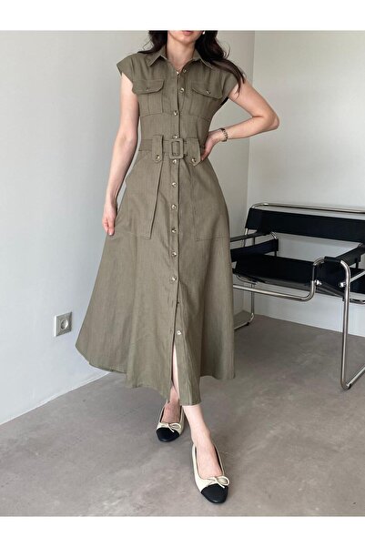 Bade Butik فستان بحزام بأزرار كاكي