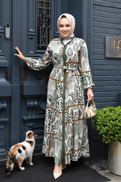 N.S NEVA STYLE Χακί Φόρεμα Hijab με σχέδιο 23928HK