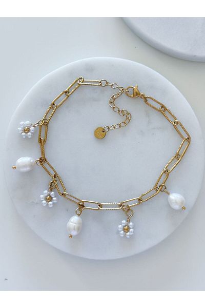 CHARMLUCKY Steel Pearl-Floral Anklet