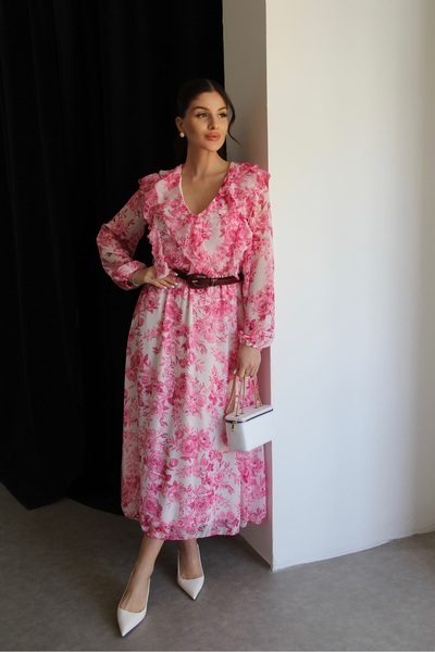 Julidress فستان شيفون مبطن بياقة على شكل V مزين بنقشة زهور وردية مع حزام