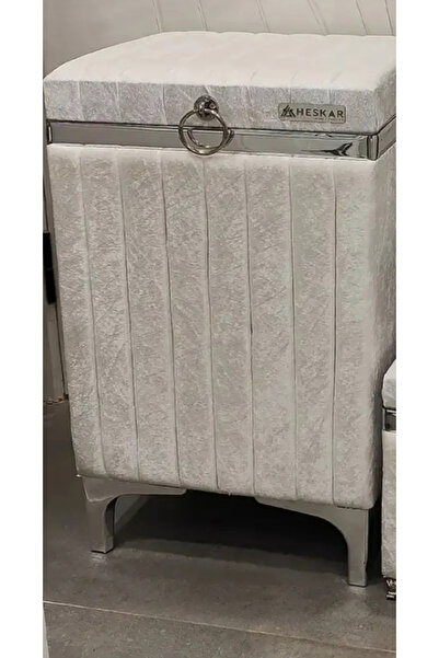 Özyer Çeyiz Krem renk Gri Şeritli Lüks Kadife Banyo Kirli Çamaşır Sepeti (Kar...