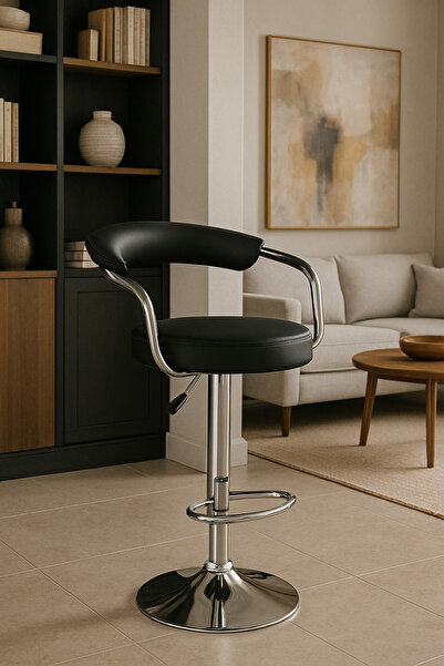 MARIA HOMES Adjustable Black Bar Stool With Chrome Base And Curved Backrest – Modern Design For Home Or Bar Use