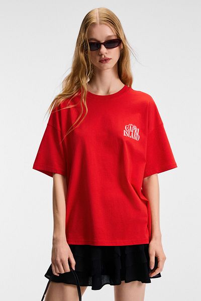GRIMELANGE Feylora Women's 100% Cotton Oversize Fit Print Detailed Short Sleeve Crew Neck Red T-Shirt