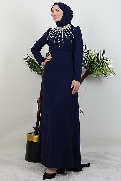 GİYZAMİLA Φόρεμα με πέτρα κέντημα στο γιακά Navy Blue
