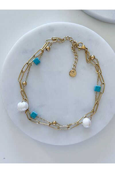 CHARMLUCKY Steel Pearl-Blue Beads 2-Piece Anklet