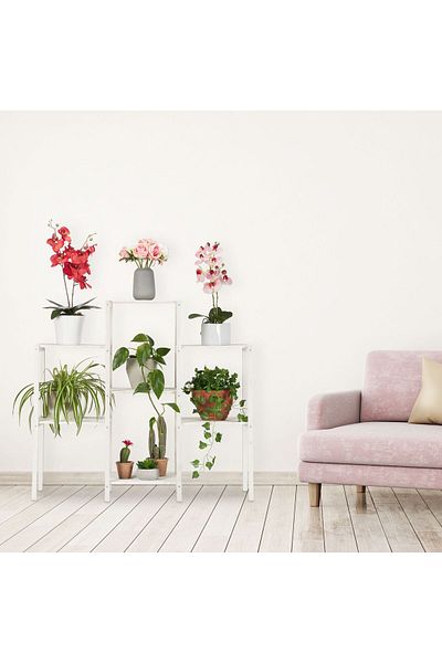 Relaxdays Suport pentru flori din lemn cu 6 rafturi, alb, 86,5 x 95 x 29,5 cm