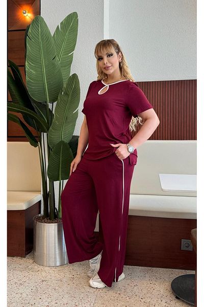 Butik Nilyam Дамски спортен костюм с тънки райета, размер "Плюс", с падаща яка, 24710
