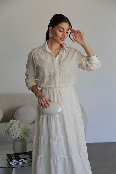 Julidress Rochie maxi lungă premium cu broderie crem broderie cu talie elastică