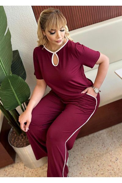 Butik Nilyam Дамски спортен костюм с тънки райета, еластичен, размер "Плюс", с падаща яка, 24761