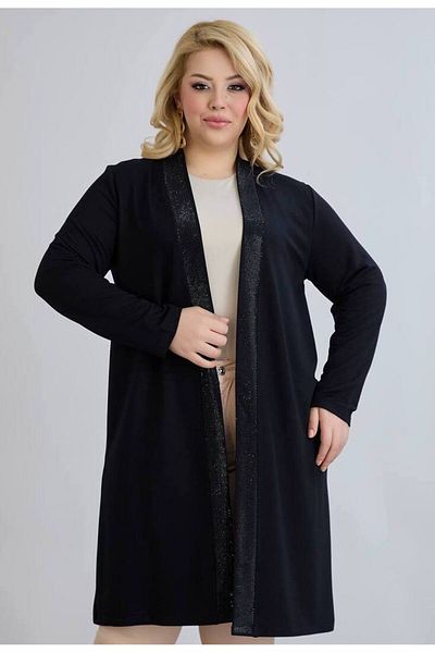FOR ESRA BIG TREND Women's Plus Size Front Bright Stripe Front Open Stretchy Long Viscose Cardigan
