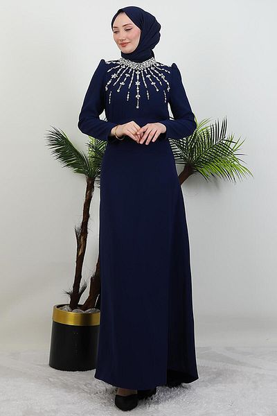 GİYZAMİLA Φόρεμα με πέτρα κέντημα στο γιακά Navy Blue