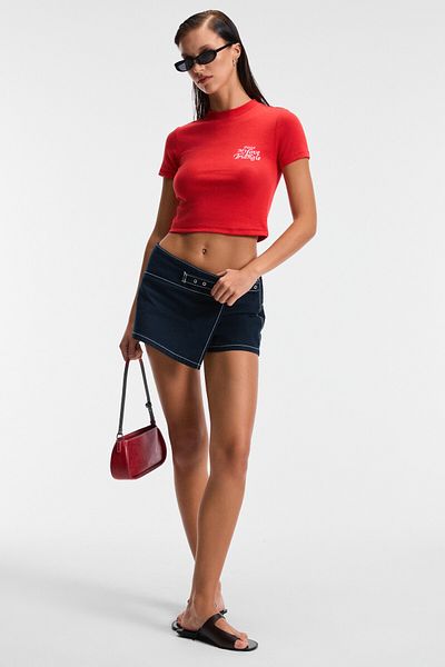 GRIMELANGE Mireza Women's Print Detailed Slim Fit Short Sleeve Round Neck Red T-Shirt