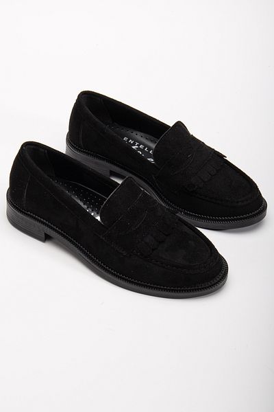Entella Store Women's Loafer Tasseled Black Suede Casual Shoes