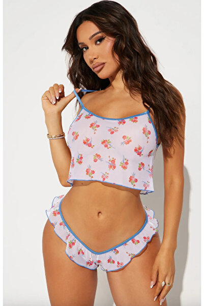 Famsoft Çiçek Desenli Crop Külot Tül Takım