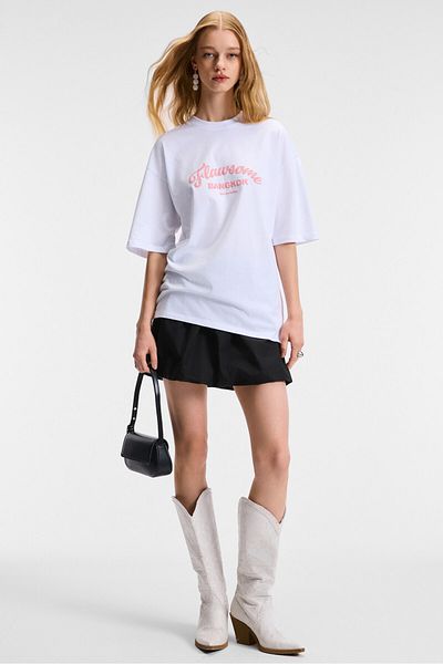 GRIMELANGE Karoliska Women's 100% Cotton Oversize Fit Short Sleeve Round Neck White T-Shirt