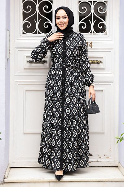 N.S NEVA STYLE Μαύρο Φόρεμα Hijab με σχέδιο 23924S