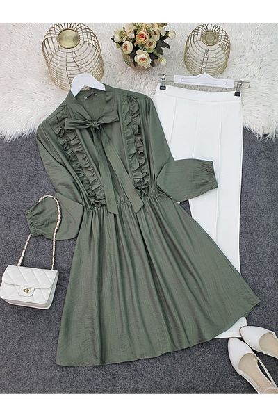 Modamorfo Ruffled Ayrobin Tunic with Lace-Up Collar - Khaki