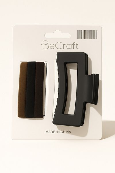 Srctech Rectangular Black Latch Buckle and Hair Rubber Barrette Set