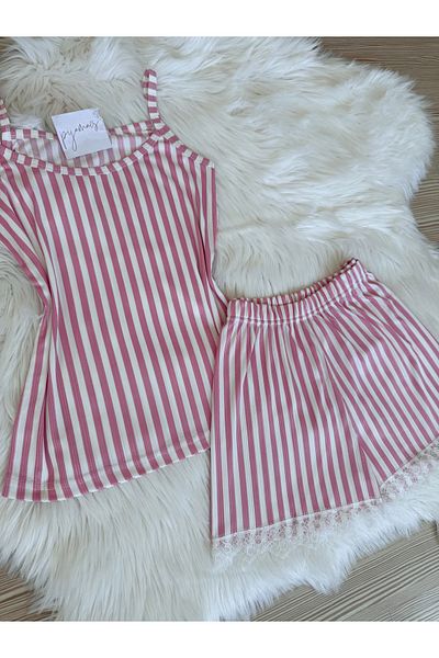 Pijamacs Pink Striped Patterned Shorts Pegasus Pajama Set