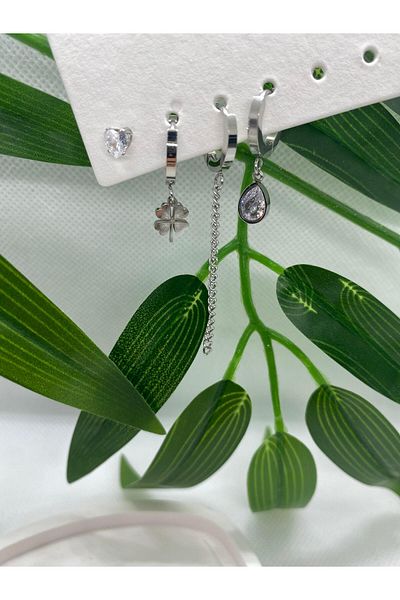 KÜBRA UYAN JEWELRY أقراط فولاذية رباعية اللون فضي للنساء مكونة من 4 قطع