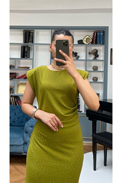 My crasia Crasia Crasia Kadın Omuz Vatkalı Belden Drapeli Işıltılı Kalem Elbise 3709