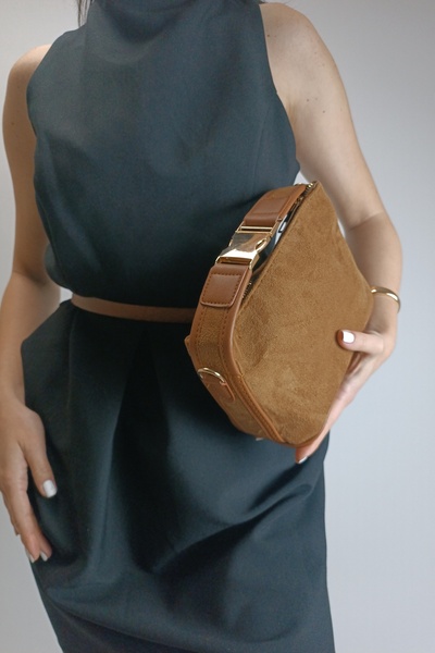 Glemix Toile Taba Nubuk Süet Kilit Saplı Kadın El Kol Ve Omuz Çantası